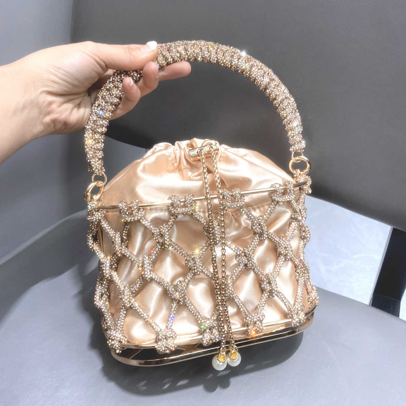 luxury bag designer bags Evening Bag Chain Rhinestone Woven Basket Embellished Bucket Bag Handheld Crossbody Women's Bag