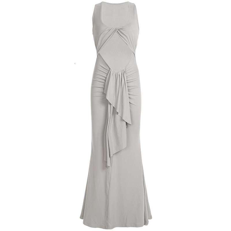 2025 Summer Fashion Sexy trend Twisted Hollow Long Skirt with Ruffles and Straps, Open Collar Fashion Sleeveless Mermaid Dress, New Designer Dress