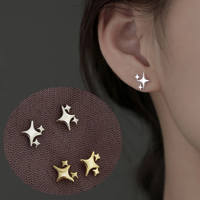 S925 Silver Needle Gold Color Star Small Stud Earrings For Women Girl Korean Tiny Asymmetry Cross Earring Summer Jewelry Gift 250729