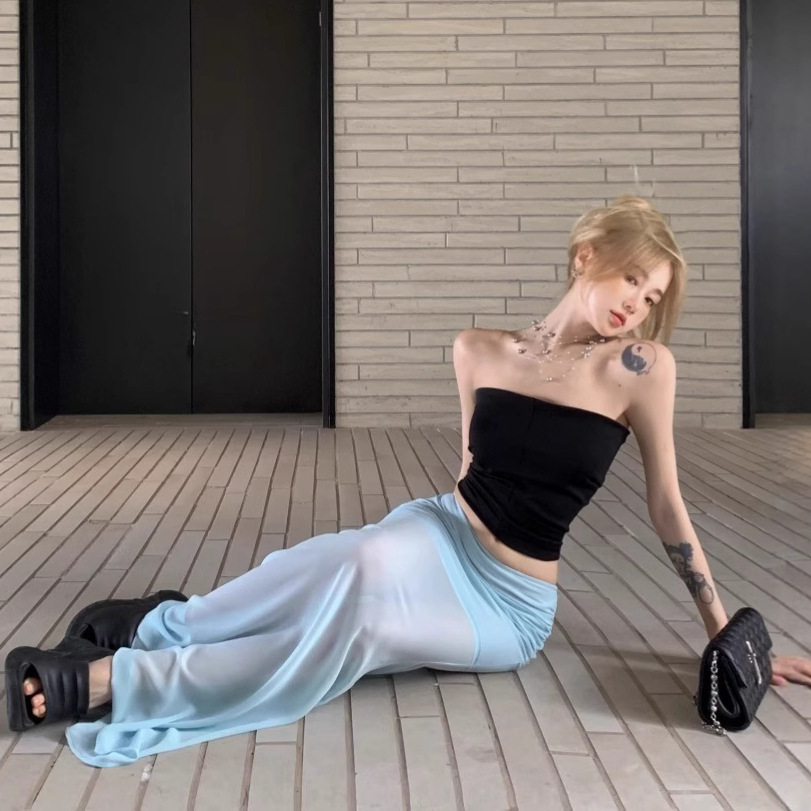 2025 black shorts sexy pure desire strapless slim fit chiffon mesh half skirt mermaid long skirt women's summer two-piece fashion set fashionable