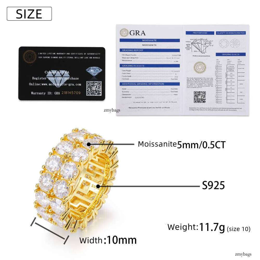 Fashion Shiny 2 Rows Moissanite Ring For Men Pass Dia Tester Sterling Sier Jewelry Rings