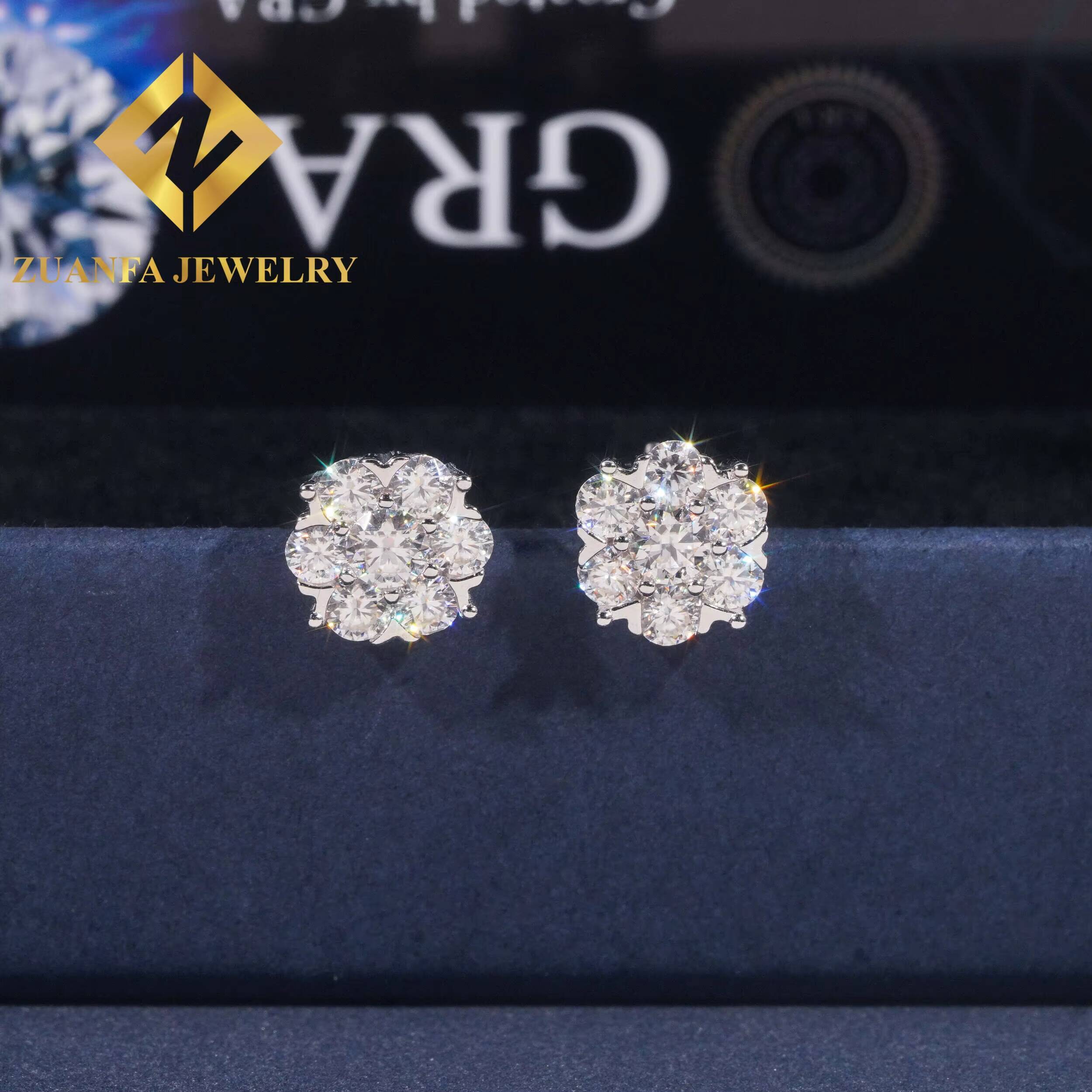 Fashionable Luxurious Big Flower Design Stud Earring 925 Sterling Silver VVS Moissanite Blue Green Moissanite Stud Earring