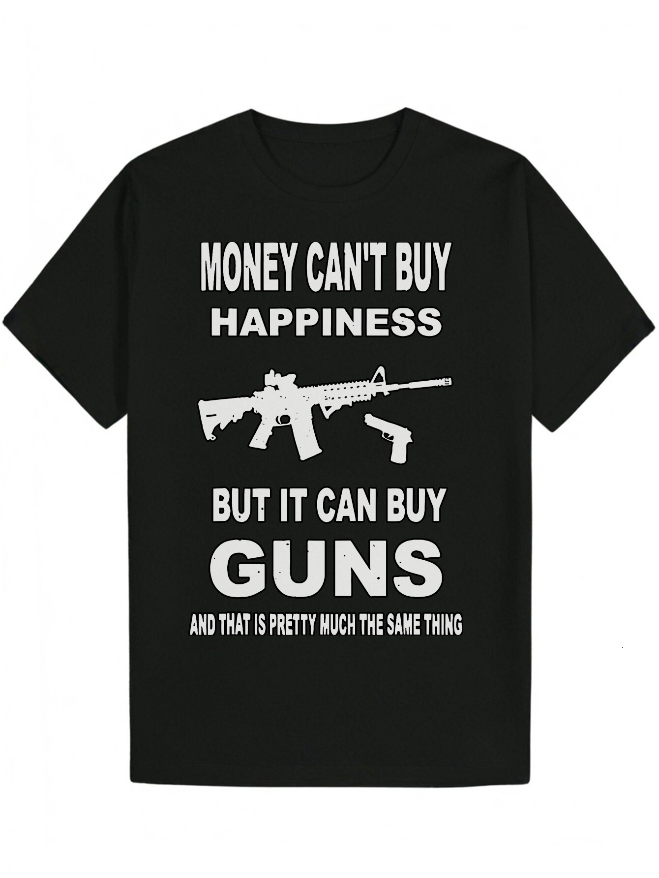 Round Neck Polyester with "Money Can't Happiness, But It Can Buy Guns" Print, Summer Men's Short Sleeve T-Shirt, Everyday T-Shirt 