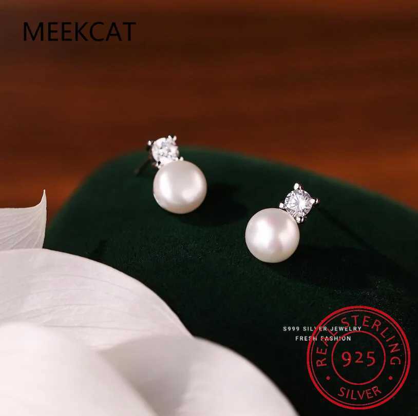 925 Sterling Silver Zircon Bead Freshwater Pearl Stud Earrings for Women Trendy Fine Jewelry Minimalist Accessories Y250804