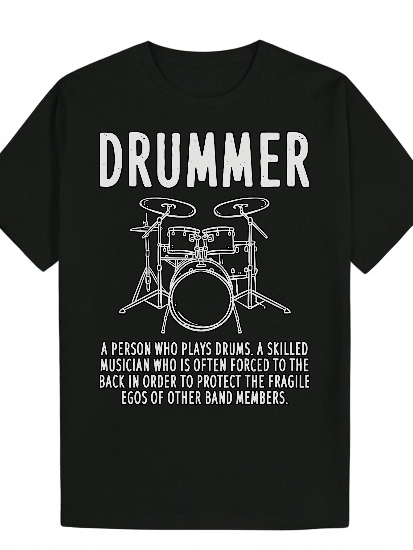 Men's Summer Casual Crew Neck - 'DRUMMER' Print, Polyester, Short Sleeve, Regular Fit, White with Black Design, Musician Clothing Patte