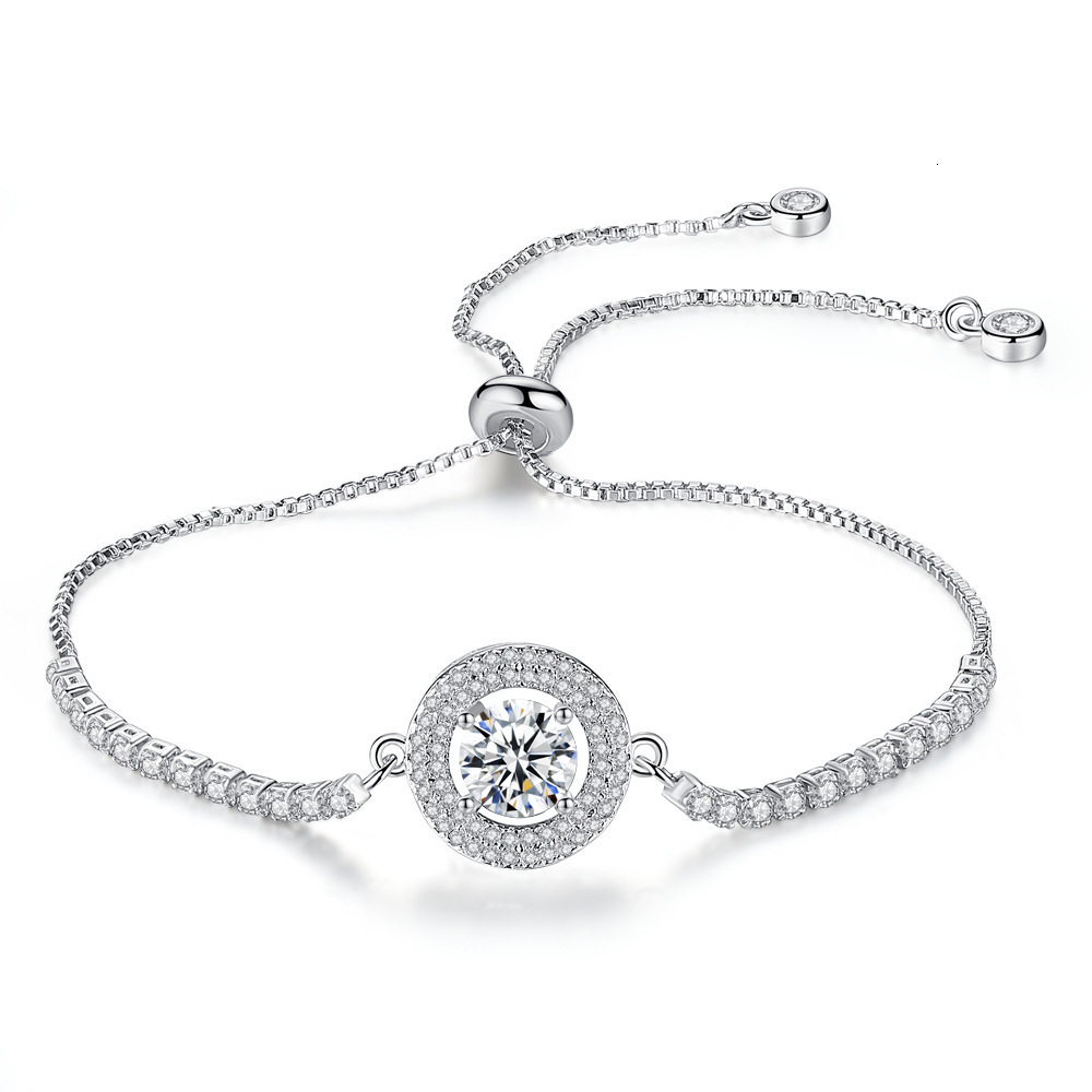 Valentine's Day Micro Pave Zircon Adjustable Round Disc Full Dia Pull-out Couple Bracelet