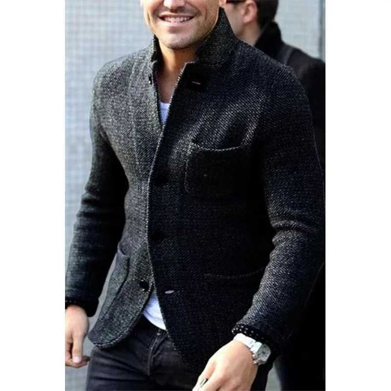 Men Cardigan Mid Length Coats Casual Stand Collar Splice Coat Single Breasted Sweaters Open Stitch Solid Autumn Winter 2024 XJ250805