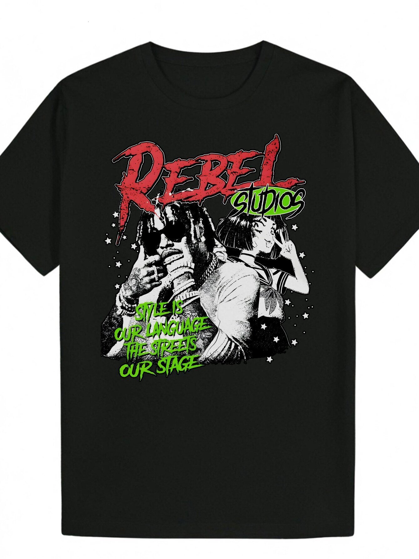Men's Rebel Studio Graphic - Black Casual Crew Neck Polyester T-Shirt with Bold 'Rebel' Print and Unique Portrait Design, Summer Essent