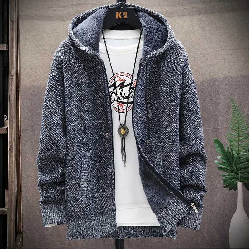 Autumn Winter Mens Sweaters Hooded Knit Cardigan Korean Sweaters Jacket Fleece Lined Hoodies Windbreaker Coat XJ250805