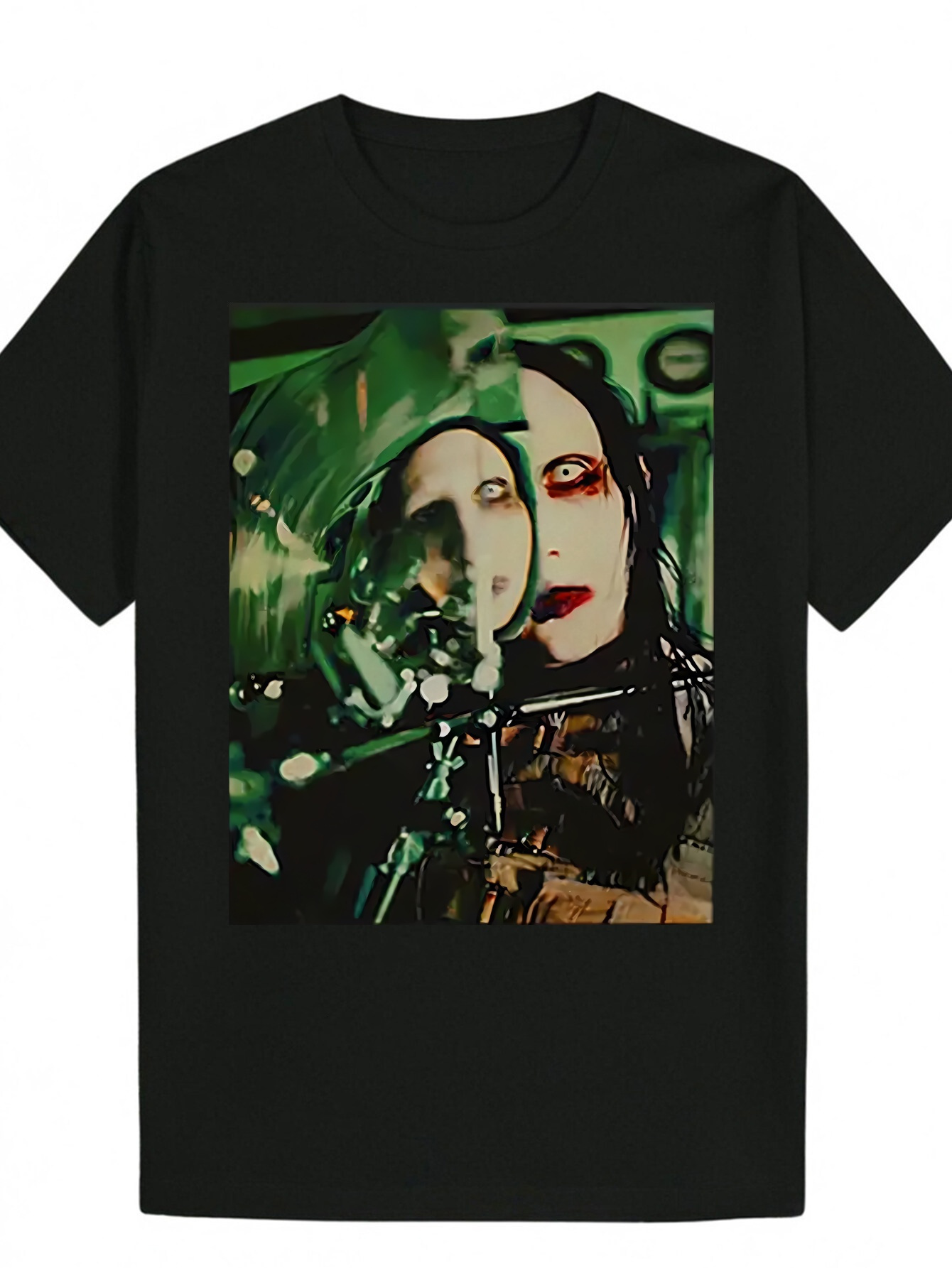 Men's Summer Crew Neck T-Shirt - Gothic Portrait Print, Polyester Fiber, Regular Fit, Black with Green White Design, Lightweight and Breathable, 