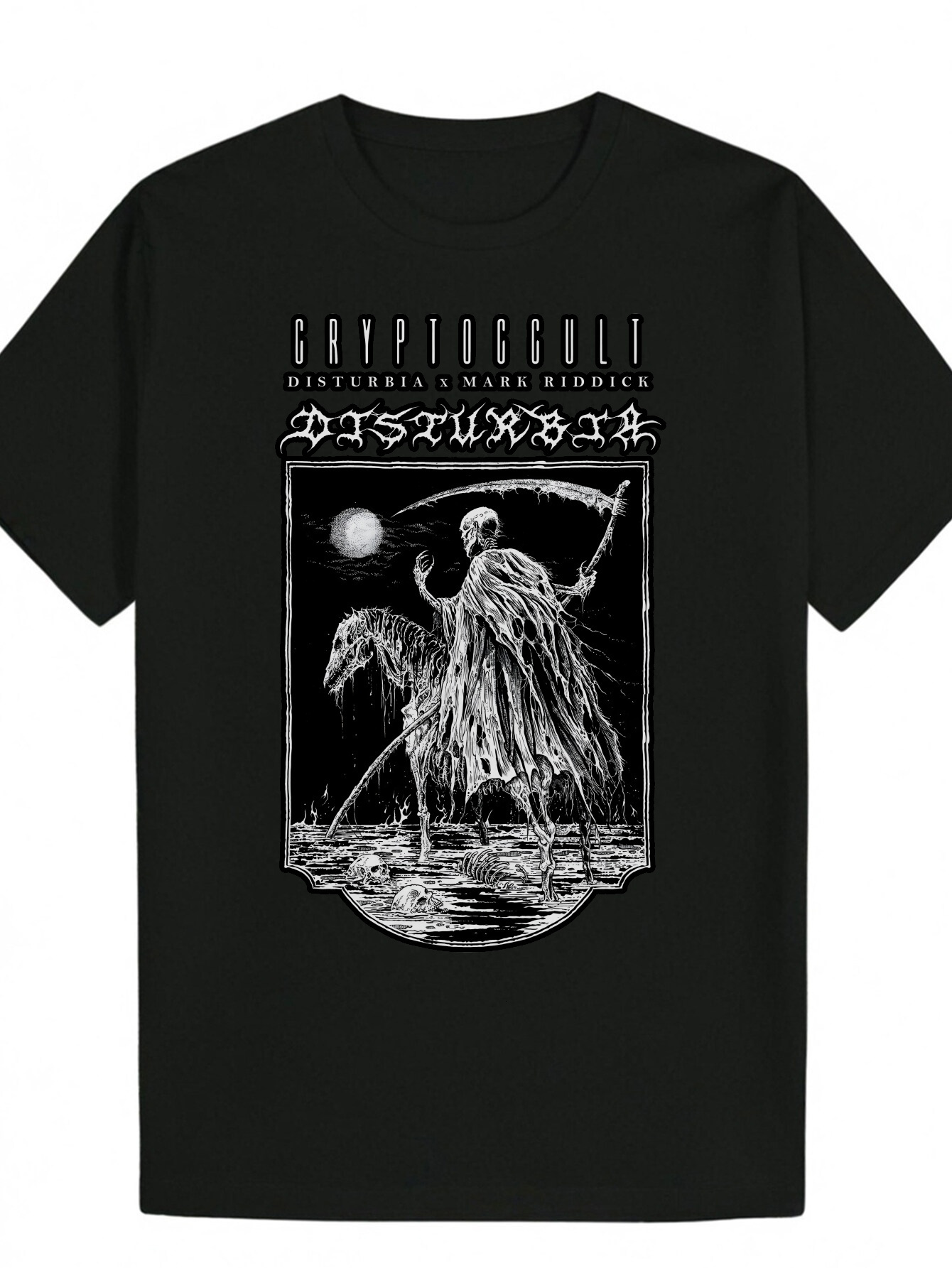 Men's Horror Pattern T-Shirt - Black Crew Neck Short Sleeve Skull Horse and Moon Design, Breathable Polyester Fiber, Summer Top, Gothic T-Shirt, 