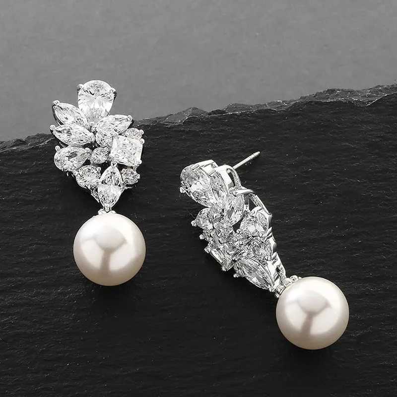 925 Sterling Silver Brilliant CZ Bridal Wedding Pearl Earrings for Women Bling Drop Earrings for Women Trendy Jewelry Y250804