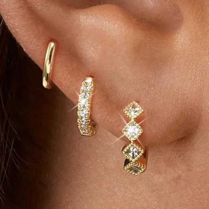 3PCS Stainless Steel Gold Color Circle Hoop Earrings Set for Women Simple Zircon Flower Stud Earring Cartilage Piercing Jewelry Y250804