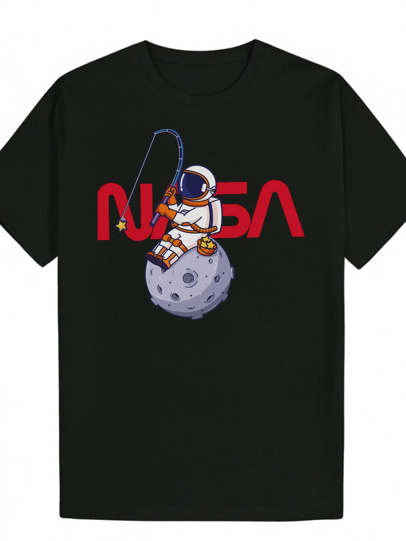 Men's NASA Astronaut Moon Fishing Pattern - Black Casual Short Sleeve Round Neck Summer T-Shirt, 100% Polyester, Machine Washable, Regular Fit, E