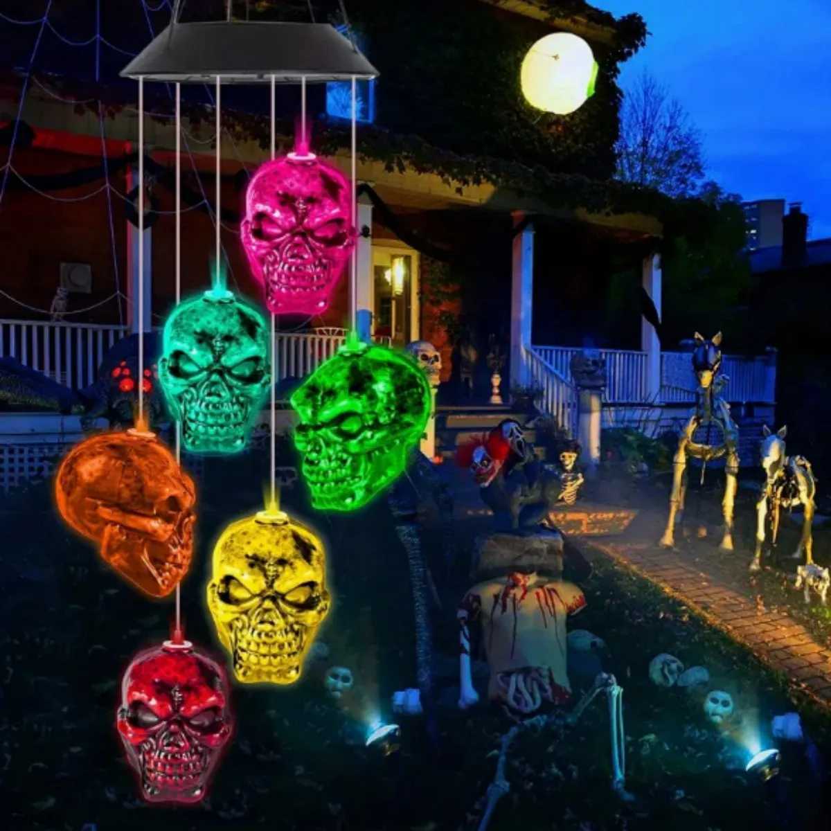 1pc 6LED Halloween Skull Head Solar Wind Chime Lights Solar Operated Color Changing Hanging Garden Lights Suitable for Bar Decoration XJ250804