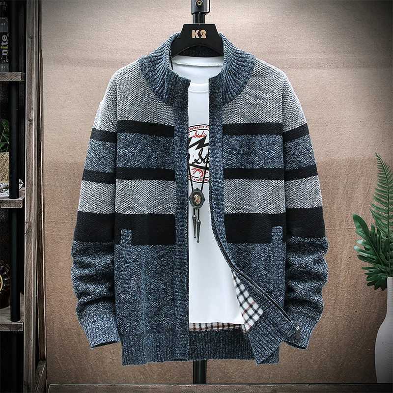 Mens Winter Striped Sweater Cardigan Patchwork Thick Warm Sweaters Coat Fleece Thick Warm Knitwear Zip Up Coat Mens Jacket XJ250805