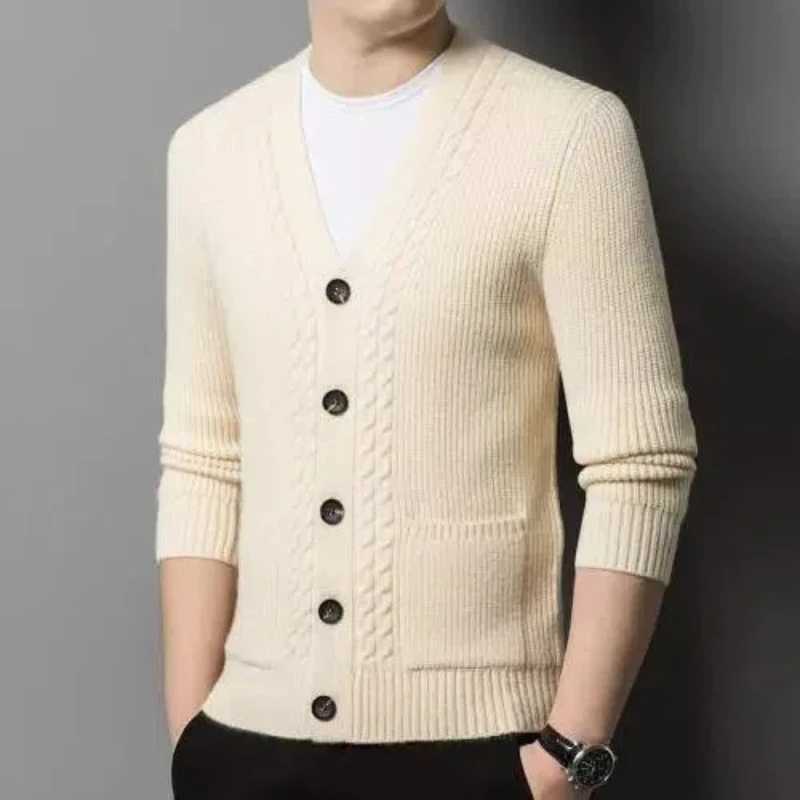 Spring Autumn Men Sweater Coat V-Neck Solid Single Breasted Pockets Korean Fashion Casual Slim Long Sleeve Cardigan Knitted Tops XJ250805