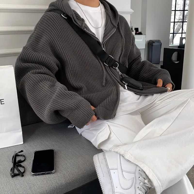 Winter Clothing Mens Light Luxury Knit Hooded Cardigan Sweater Korean Vintage Popular Zipper Long Sleeve Loose Hoodie Knitwear XJ250805