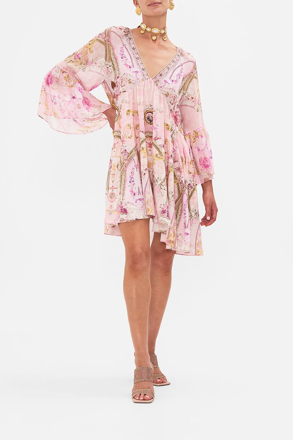 Australian designer Camilla Dress high-end 100% Silk V-neck flared sleeve mini dress