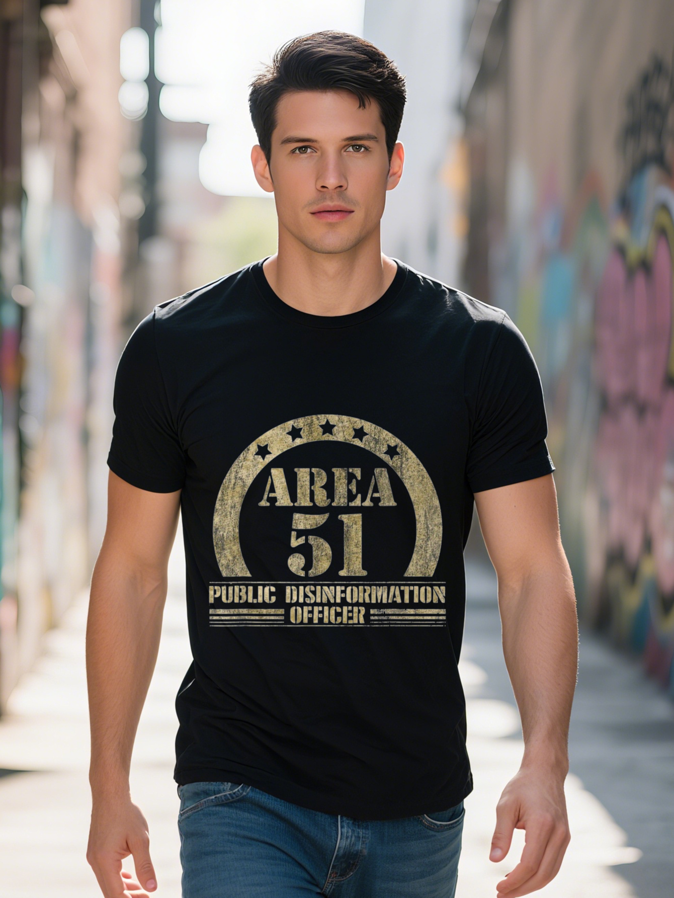 Men's Area 51 Public Information Officer T-Shirt - 100% Cotton, Black with Gold Pattern Print, Short Sleeve T-Shirt, Suitable for Casual Wear d60