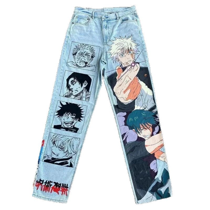 Harajuku y2k baggy jeans blue eyes white dragon print wide leg denim pants anime streetwear trouser men clothing 240819