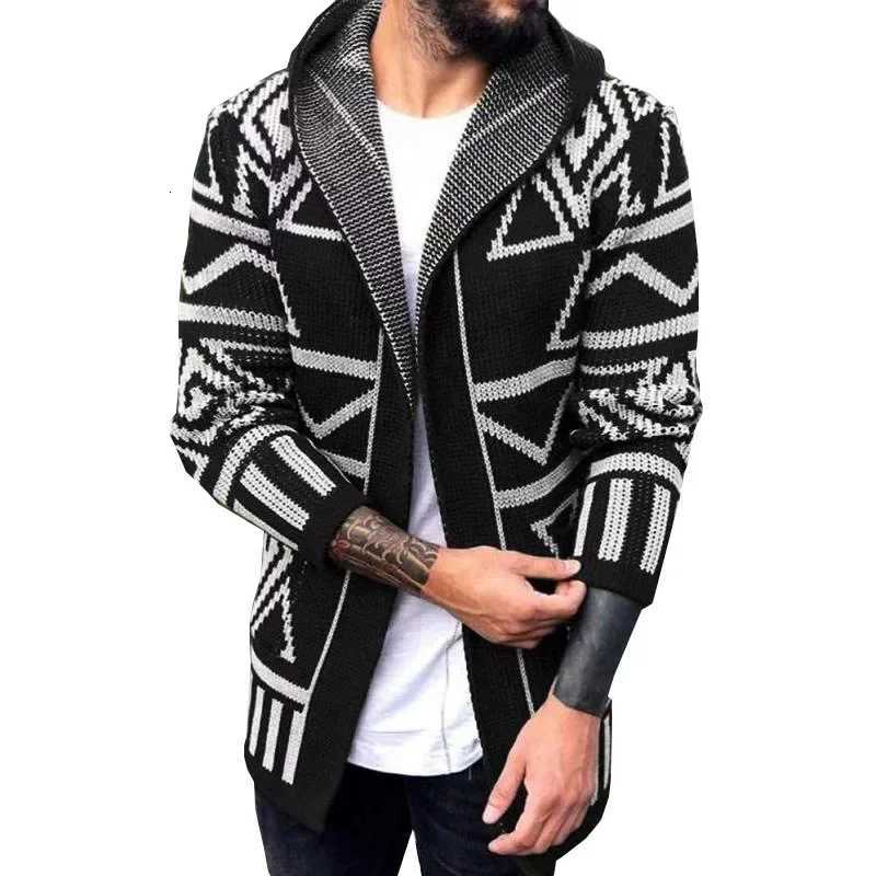 Men Cardigan Open Stitch Sweaters Mid Length Coat Hooded Full Sleeve Splice Knit Casual Regular Coats Autumn Winter 2024 XJ250805