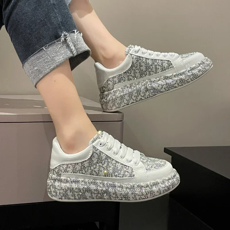 Women Casual Rhinestone Shoes Handmade Diamond Inlaid Fashion Board Shoes Trend Versatile Thick Soled Party Sports Shoes Water Diamond Graffiti Luxury