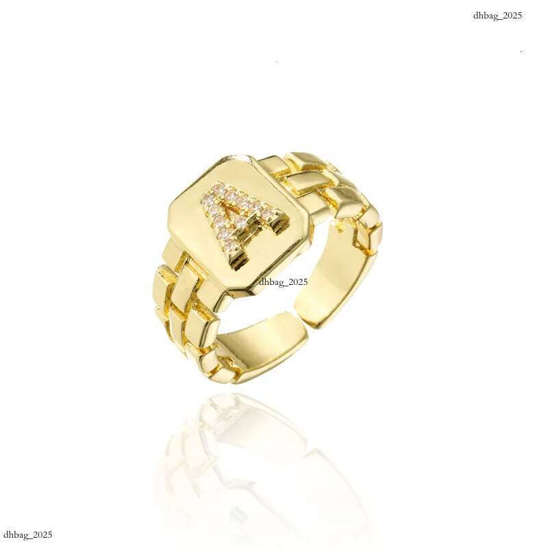 trendy gold color initial ring for women girl aaa cubic zirconia az watchband square letter open female jewelry gift