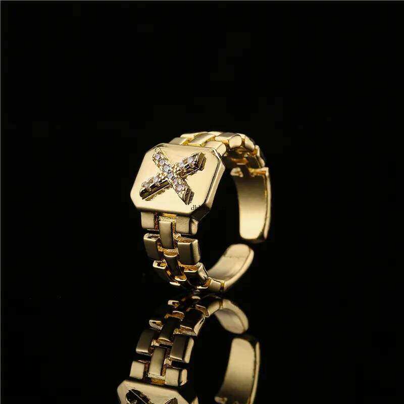 trendy gold color initial ring for women girl aaa cubic zirconia az watchband square letter open female jewelry gift