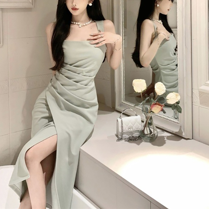 2025 Summer French Elegant Social High end Long Skirt fashion Summer New Slim Fit Slim Fit Square Neck Satin Dress New Designer Dress