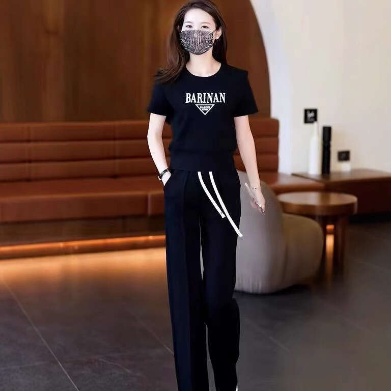 2025 New Fashion Women's Summer Tracksuit Short Sleeve Long Pants Elegant Youthful Casual Two-Piece Set
