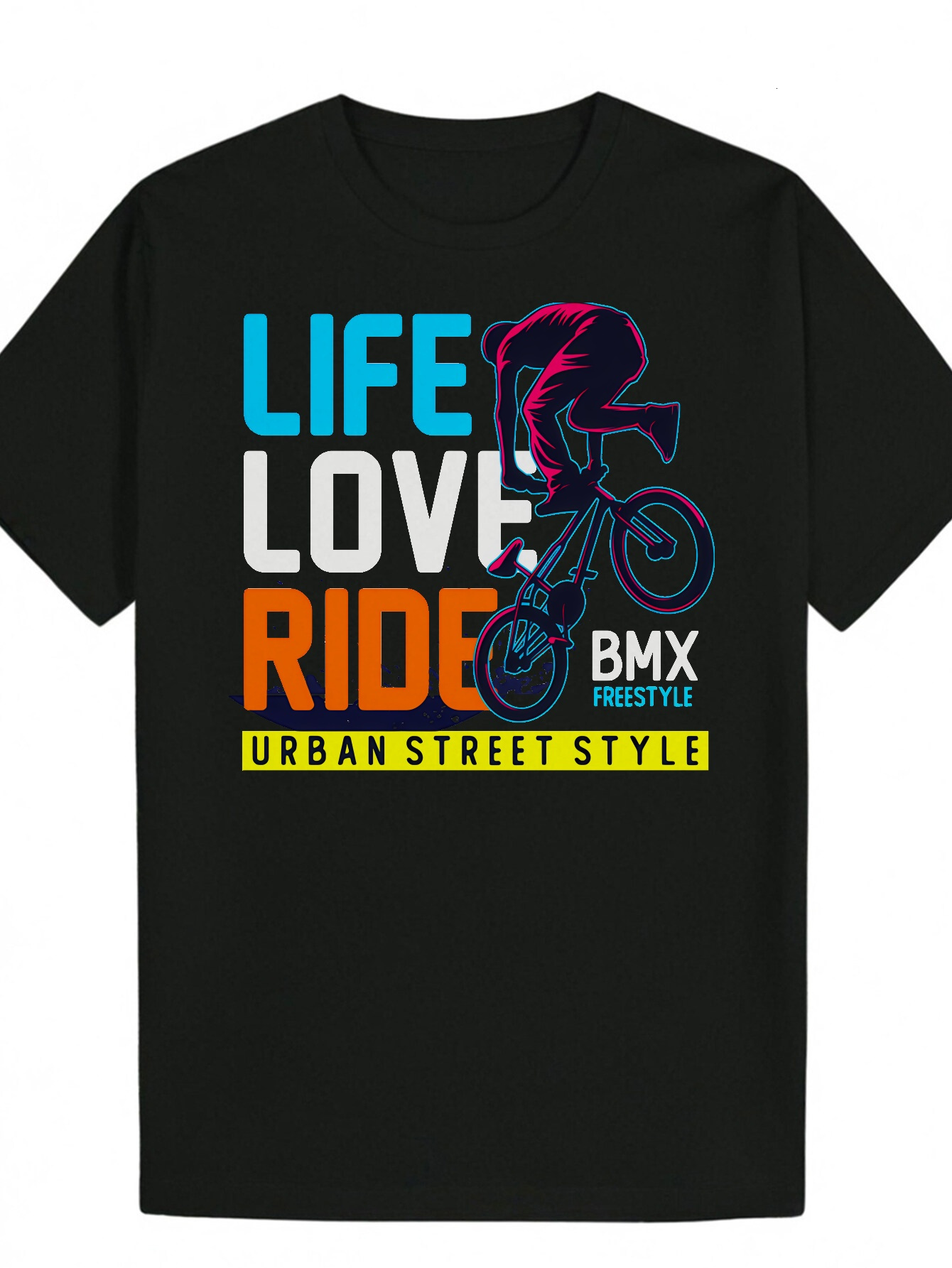 Men's Pattern Printed Round Neck Polyester T-Shirt - 'LIFE LOVE RIDE' BMX Urban Street Style Design, Black, Blue, and Orange Accents, R