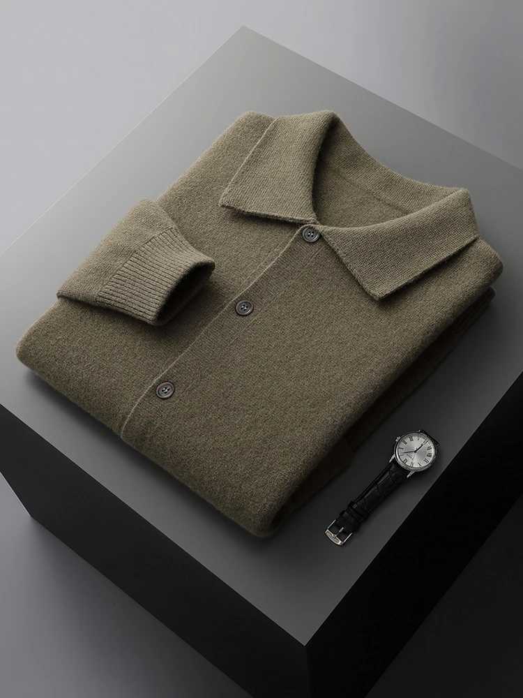 100% Merino Wool Knitwear Men Sweater High Quality Turndown Collar Single Breasted Solid Color Cardigan Soft Tops XJ250805