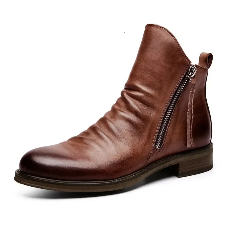 Mens PU Leather Chelsea Boots Fashion High-top Tassel Zip Shoes Spring Autumn Ankle Boots for Men Comfort Plus Size 38-48 250729