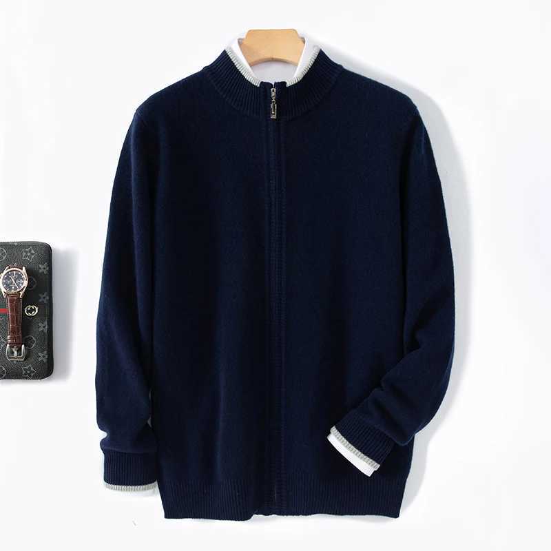 Mens 100% Merino Wool Warm Sweater Mock Collar Thickened Zippered Cardigan Autumn Winter New Cashmere Knitted Montage Tops XJ250805