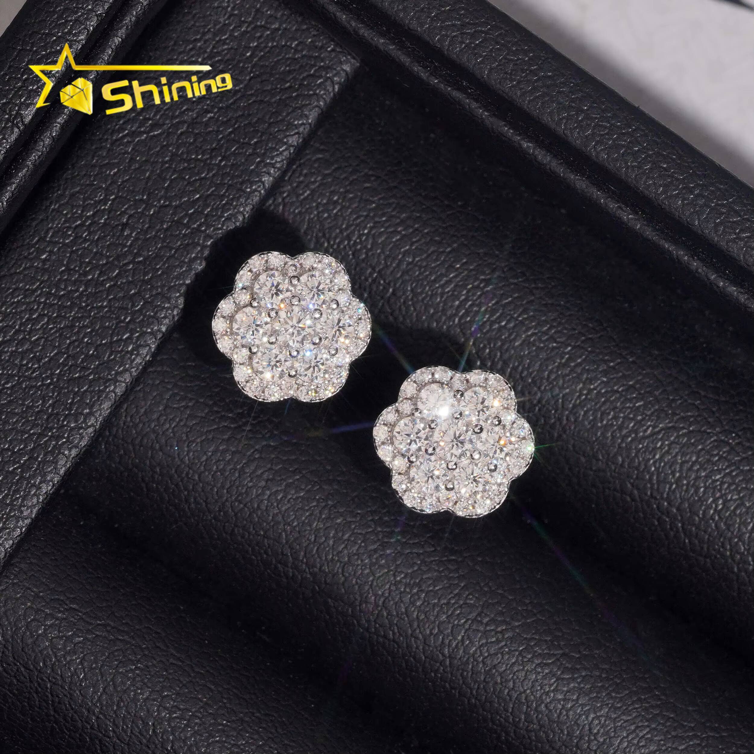 Fine Jewelry Iced Out Hip Hop 925 Silver Flower Pass Diamond Tester Moissanite Stud Earrings