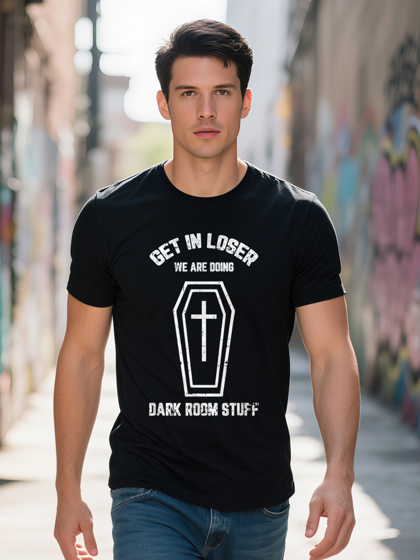 Men's Coffin Humor - Enter Loser Graphic, 100% Cotton, Short Sleeve, Black and White Print, Fun Darkroom Item Design, Gothic Style, Perfect for P