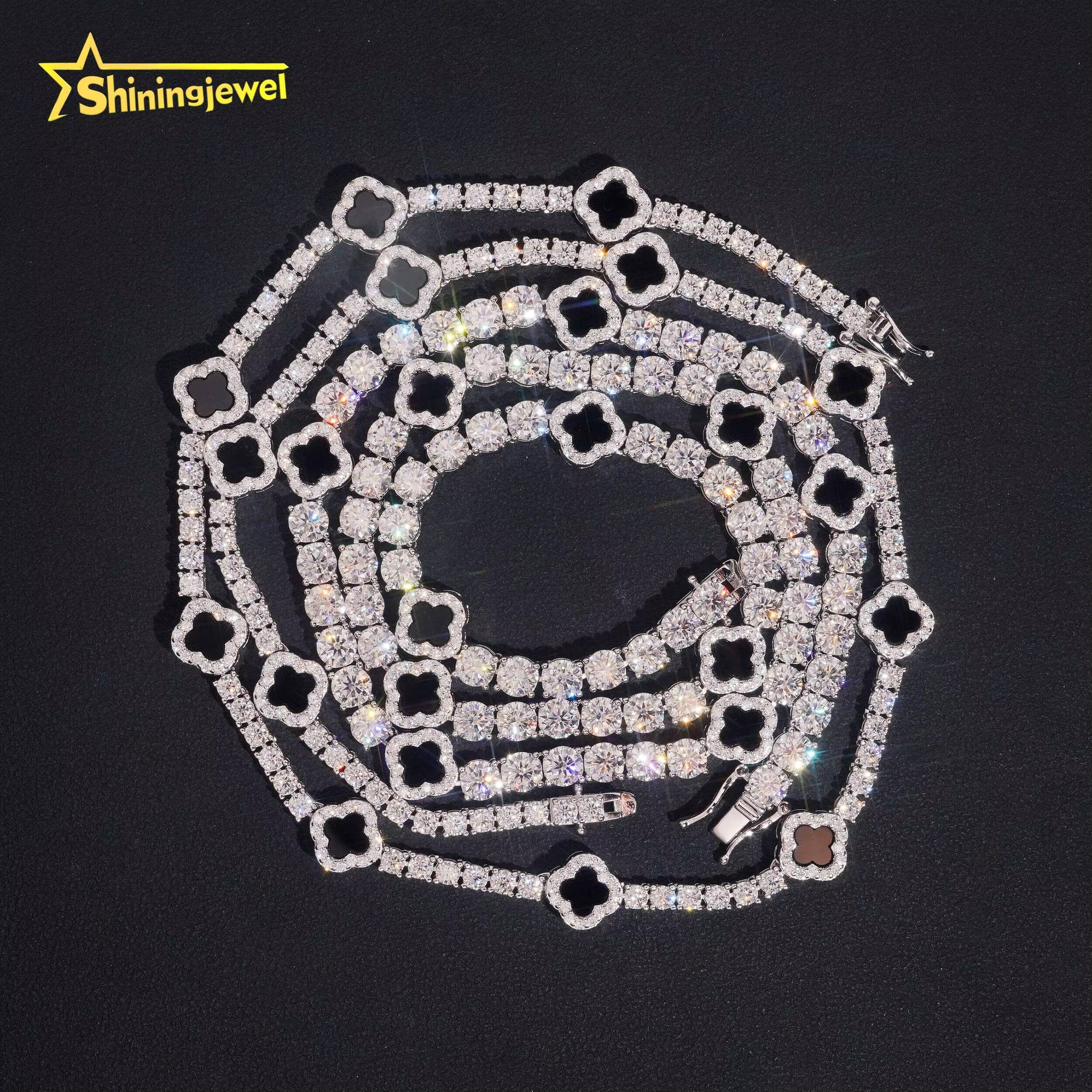 Ready Stocks 3mm 5mm Black Agate Clover Moissanite Tennis Necklace Bracelet Tennis Chain Moissanite 925 Solid Silver