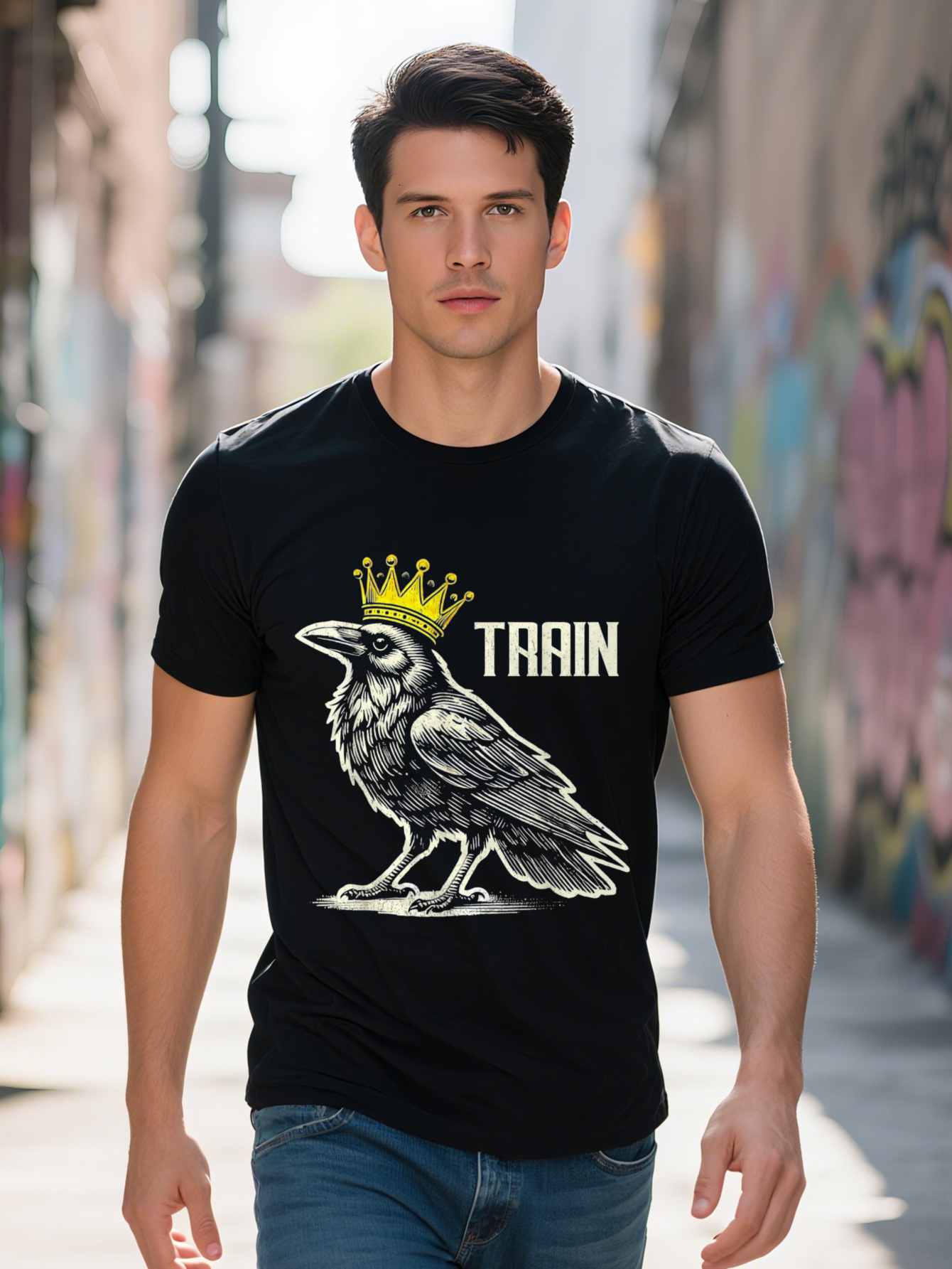 Men's Cartoon Crow T-Shirt - 100% Cotton Breathable Short Sleeve Round Neck, Featuring Train and Crown Design, Suitable for All Seasons, Wear, Pl