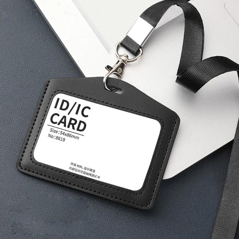 Card Holders High Quality Genuine Leather Work Holder With Neck Lanyard Solid Color ID Cover Office Worker Supplies Business