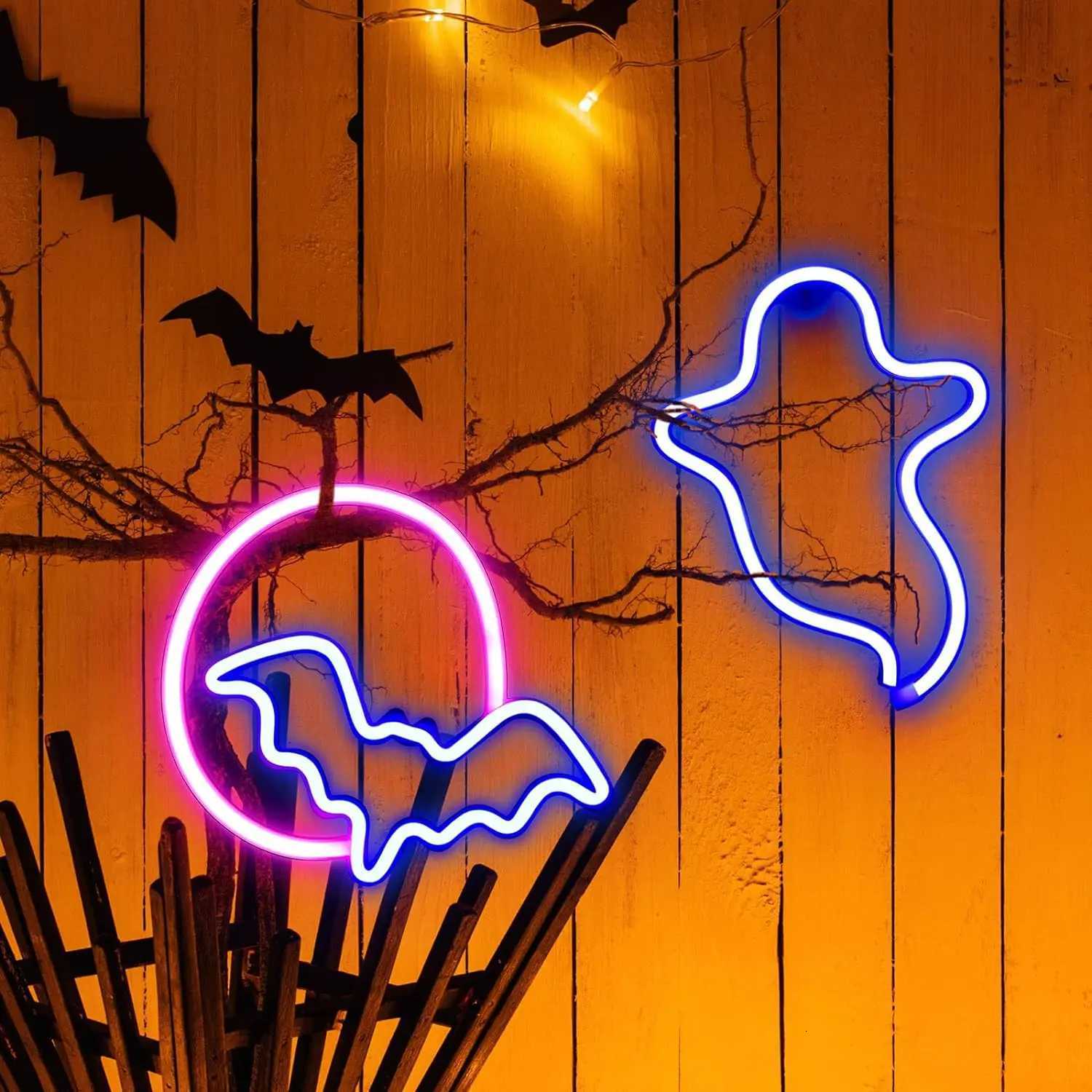 2pcs Ghost Bat Neon Light Scene Atmosphere Light USB/Battery Powered Halloween Party Bedroom Home Decoration XJ250804