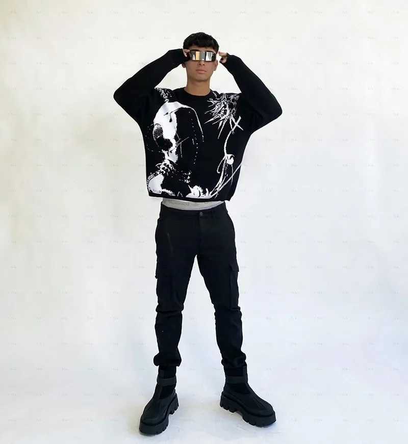 2K Knitted Sweater Graphic Mens Sweaters Top Vintage Loose Distressed Pullovers Casual Harajuku Autumn Womens Cotton Knitwear XJ250805