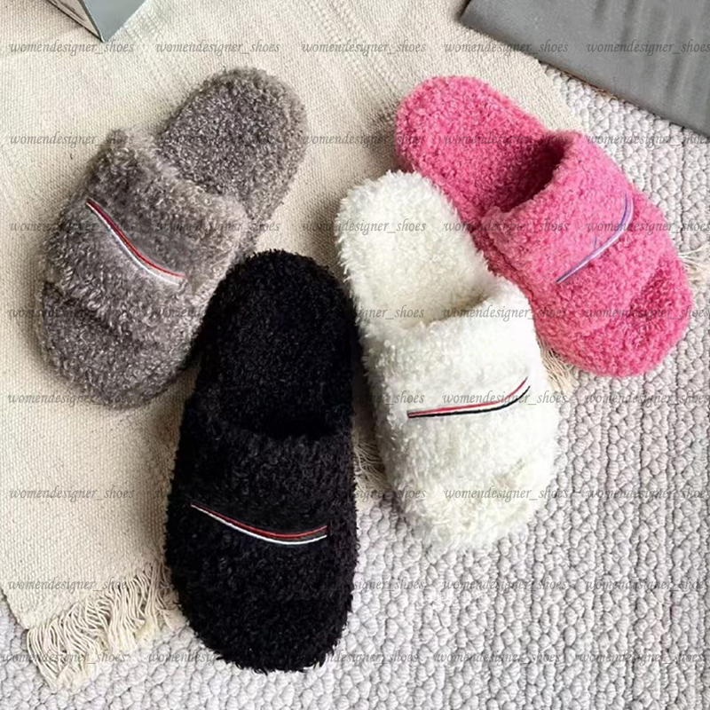 Designer Womens Furry Slides Fashion Fur Slippers Mens Footwear Paris House Slipper Comfortable Flat Fluffy Fuzzy Winter Shoes Black Pink EU35-45