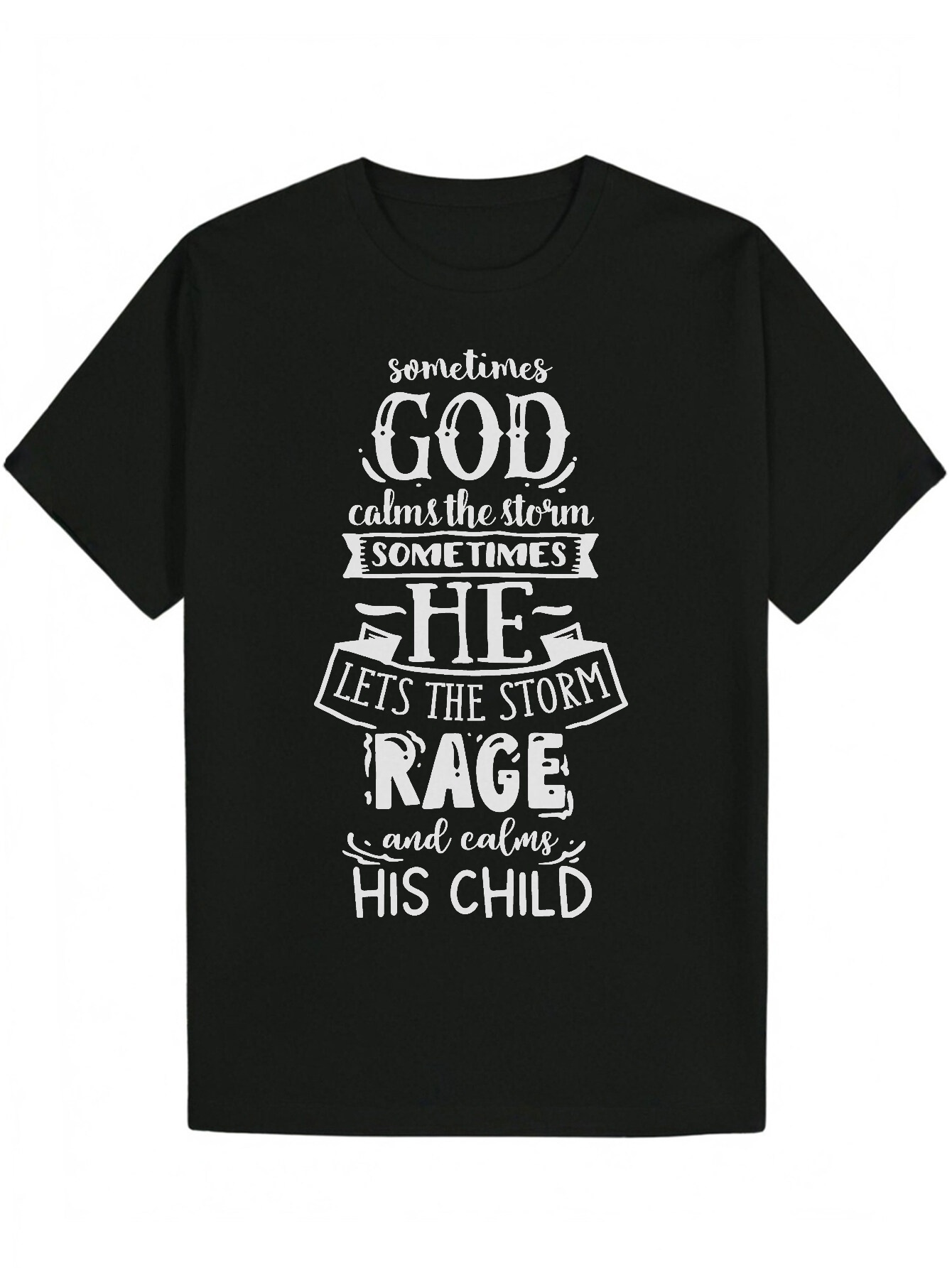 Men's Quote - 'God Calls the Storm' Pattern, Casual Crew Neck, Short Sleeve, Polyester, Summer Wear, Regular Fit, Adult Size, Inspirati