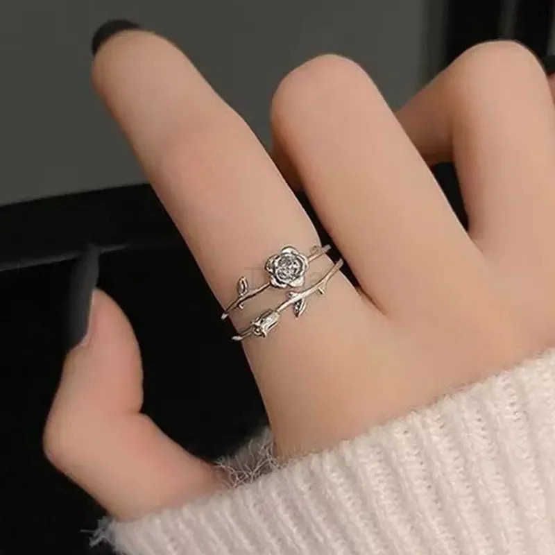 Fashion Goth Double Layer Rose Couple Rings for Men Women Retro Open Stainless Steel Thorns Punk Finger Ring Jewelry Y2k Gift U250805