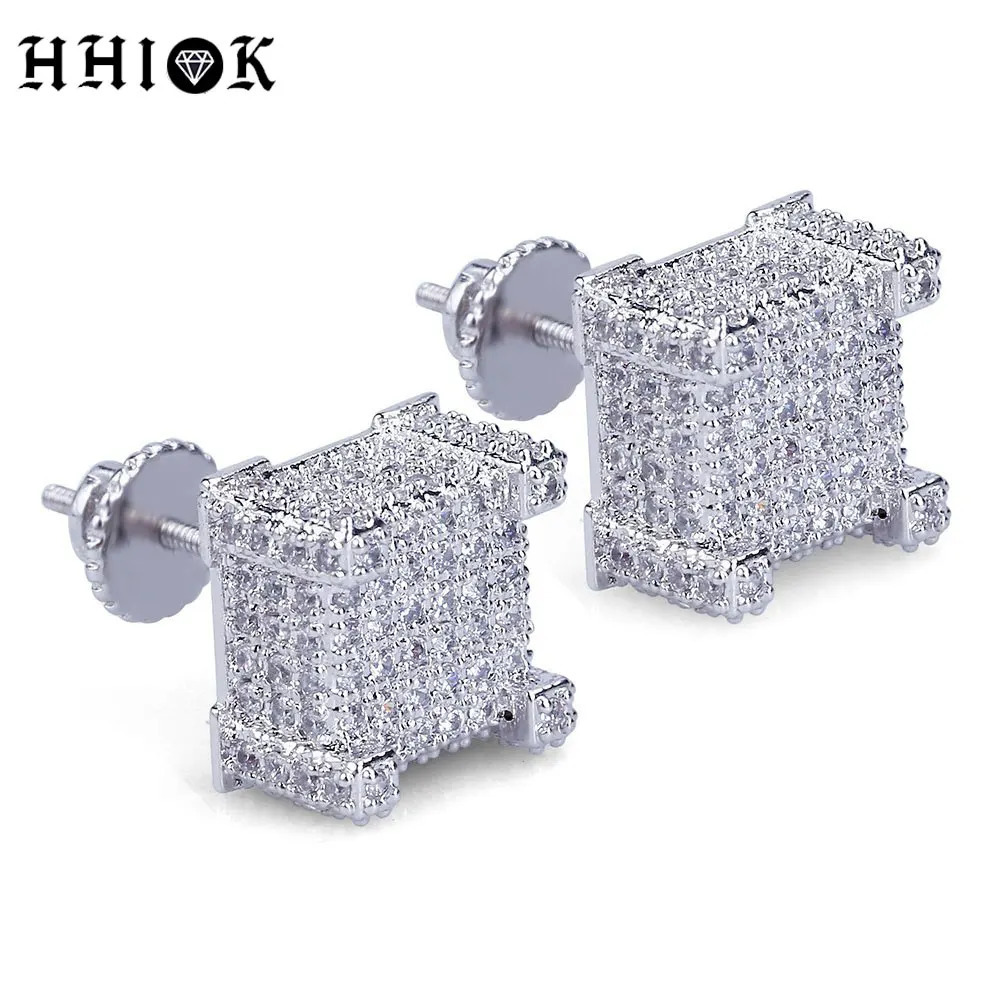 925 Sterling Silver Square Screw Stud Earrings Pave CZ Iced Out Screw Back Hypoallergenic Cube Large Stud Earrings For Men Women 250804