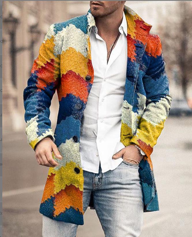 Men's Fall long coat floral print button lapel Fashion Office Winter Jacketcasual Nylon overcoat oversized new top coatp