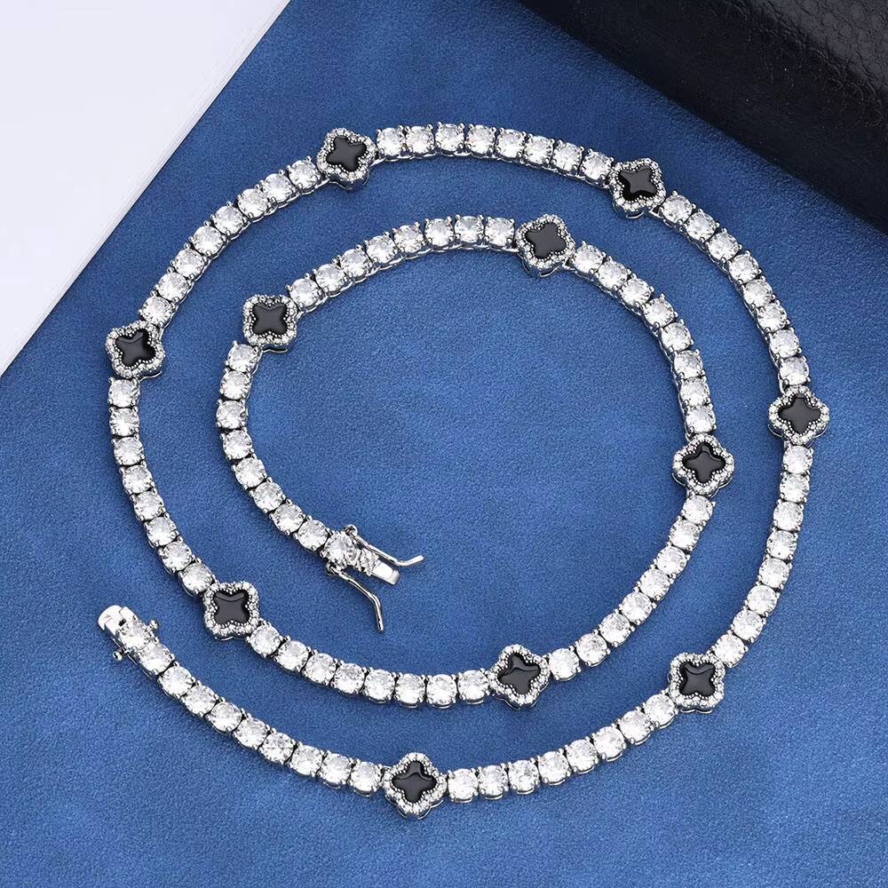 Hip Hop Fine Jewelry 4mm Iced Out Moissanite Tennis Chain Black Four Leaf Clover Tennis Chain Necklace for Men Women Gift