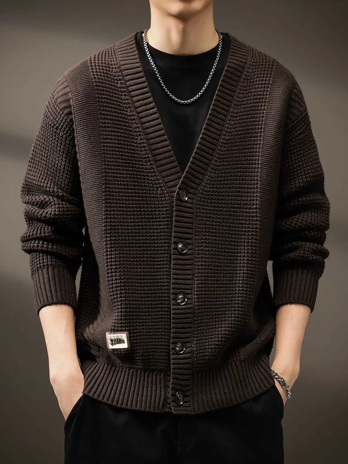 2025 Fashion Mens Knitted Cardigan Sweater Autumn Winter V-neck Solid Color Coat Coffee Single Breasted Men Korean Mens ClothingXJ250805