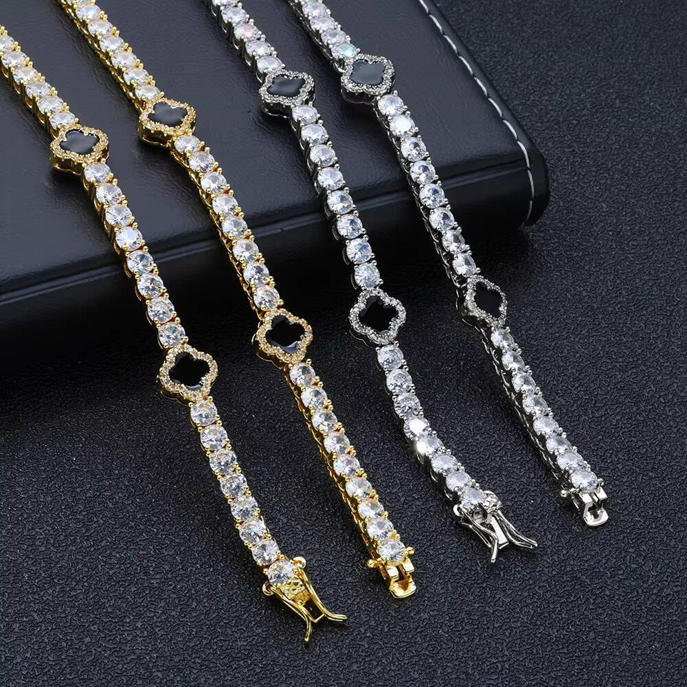 Hip Hop Fashion Jewelry 4mm Iced Out Moissanite Tennis Chain Black Four Leaf Clover Tennis Chain Necklace Gift for Men Women